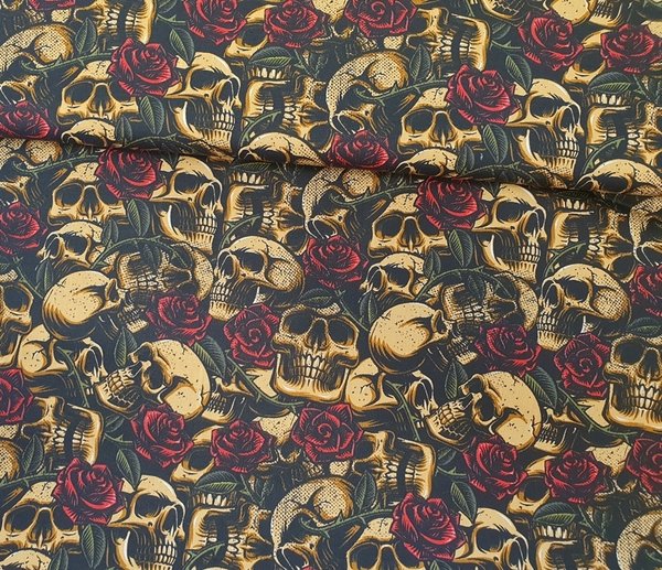 Baumwolle Skulls with Roses by Poppy camel 1